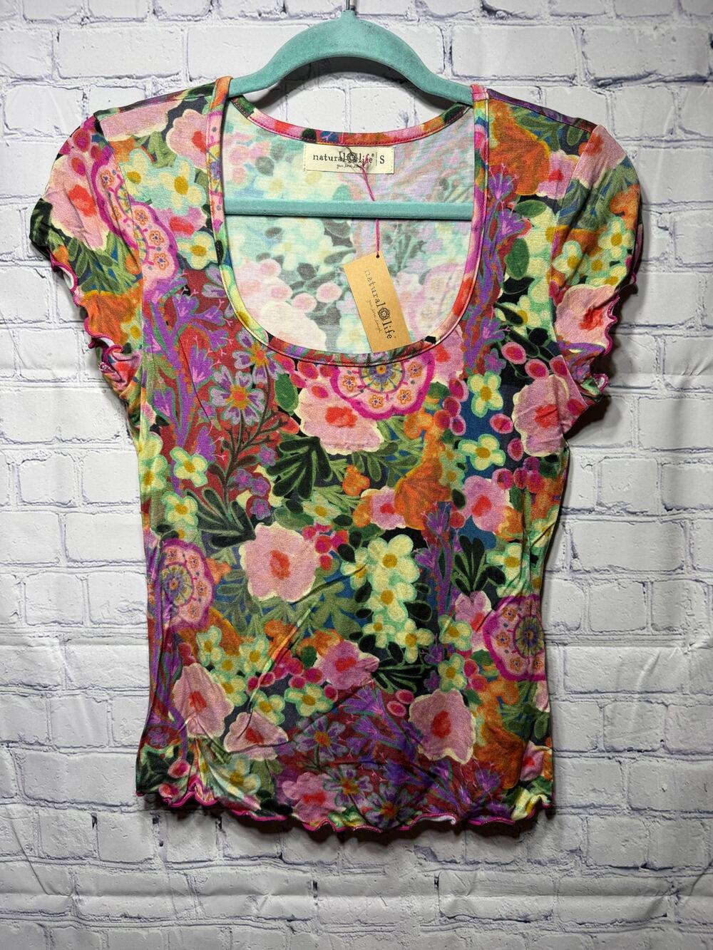 Natural Life Womens Short Sleeve Scoop Neck Floral Top Multi Sz S NWT